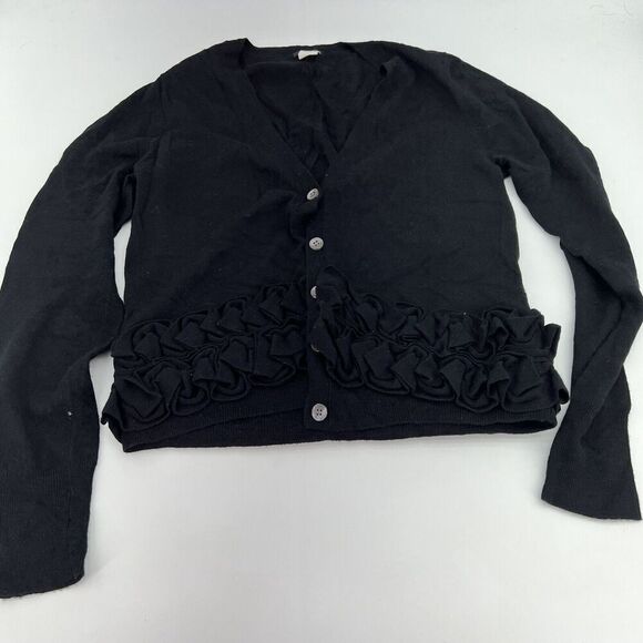 WOMEN J.CREW RUFFLE V-NECK CARDIGAN SWEATER BLACK LONG SLEEVES SZ M Merino Wool - Picture 1 of 3